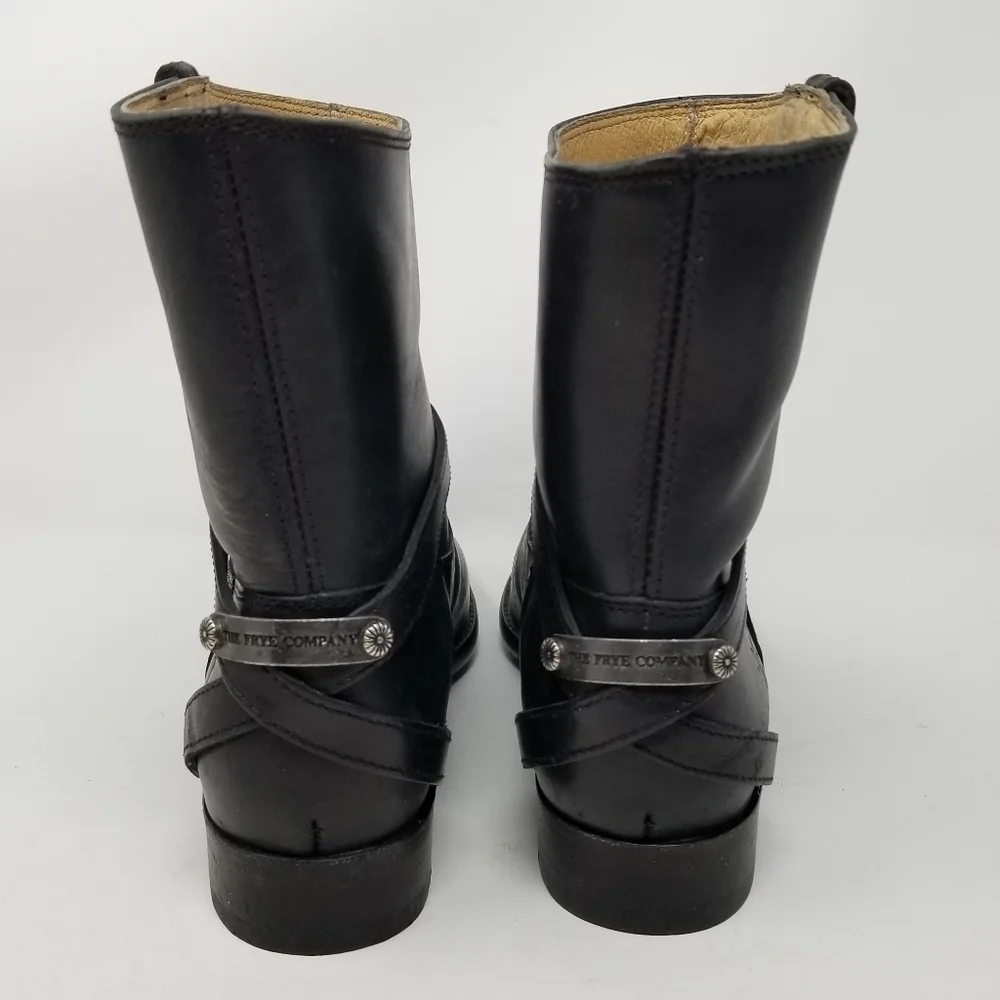 Frye Womens Lindsay Plate Short Boots Black Leather Moto Size 6.5 Straps Pull On